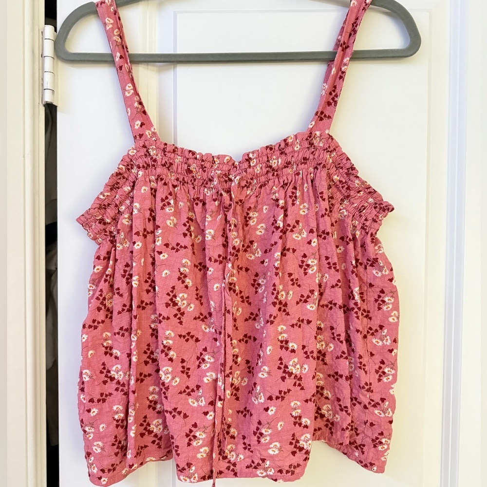 EASEL Floral Smocked Tank Cami Top Blush Pink Tie Boho Flower Square Neck Sz L - Picture 2 of 6